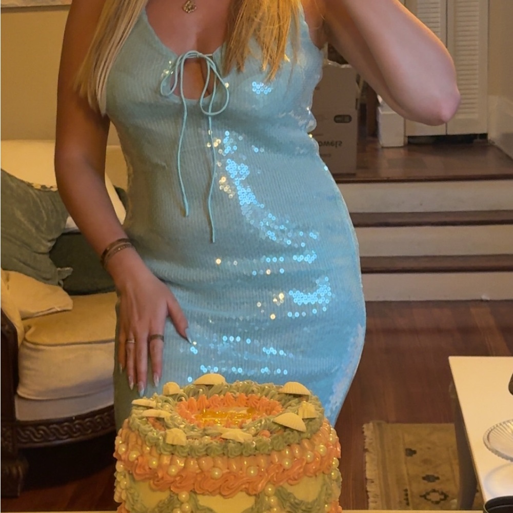 Bardot Sequin Midi Dress in Light Blue